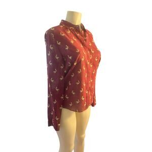 Women M Alice + Olivia Willa Stork Bird Print Button Blouse Shirt Top Silk Red